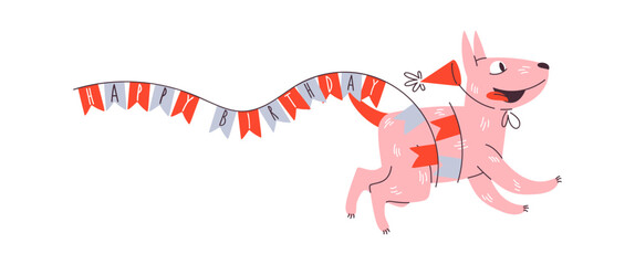 Comic birthday dog carrying greetings