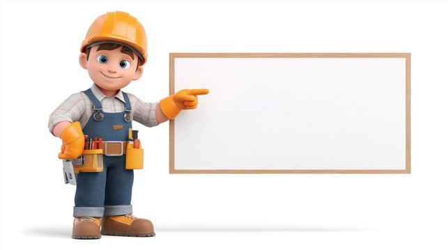 3D construction worker pointing to white board on white background, copy space for text