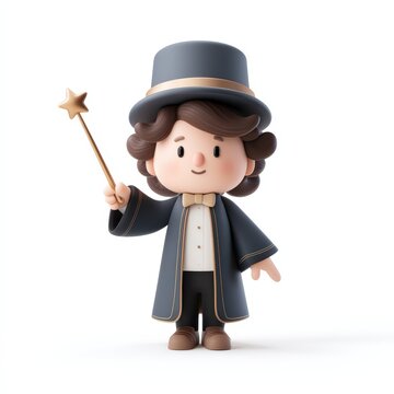 A cartoon character is holding a wand and wearing a hat