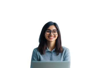 Five Smiling People Work on Laptops with Colorful Speech Bubbles Hovering Above Them Showing Communication and Teamwork, all on a White Background