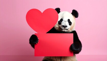 Panda holding a red heart and sign