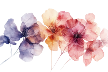 Watercolor painting of light pink and purple cosmos flowers in bloom on a white background