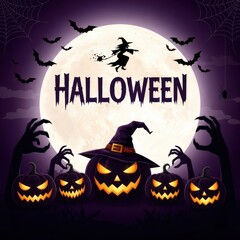 Spooky halloween night with carved pumpkins, witch, bats, and full moon