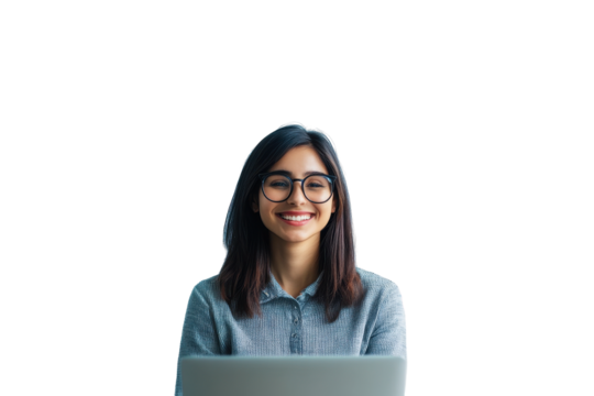 Five Smiling People Work on Laptops with Colorful Speech Bubbles Hovering Above Them Showing Communication and Teamwork, all on a White Background