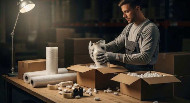 Worker man packaging fragile vase in bubble wrap and box. Logistics and moving service concept for delivery and storage.