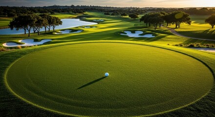 Serene golf course green bathed in golden hour light scenic landscape aerial view tranquil beauty