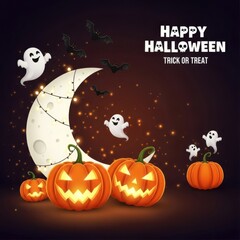 Happy halloween night with pumpkins, ghosts, bats, and a crescent moon in the starry sky