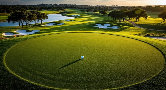 Serene golf course green bathed in golden hour light scenic landscape aerial view tranquil beauty