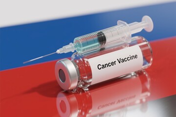 Cancer vaccine vial and syringe on reflective surface with tricolor background representing medical innovation and immunotherapy research
