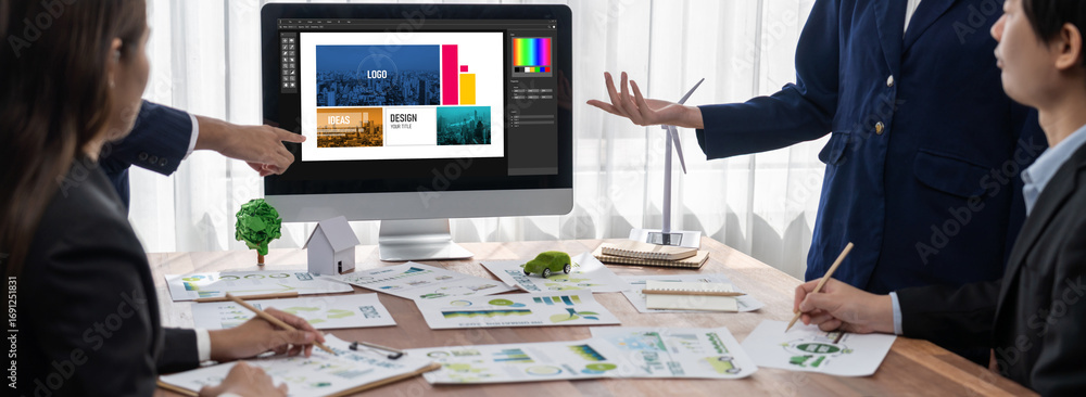 Poster graphic designer software for modern design of web page and commercial brisk ads showing on the comp