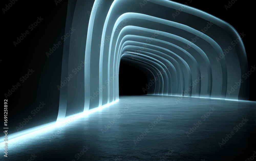 Poster a futuristic tunnel with glowing curved lines creating a modern design