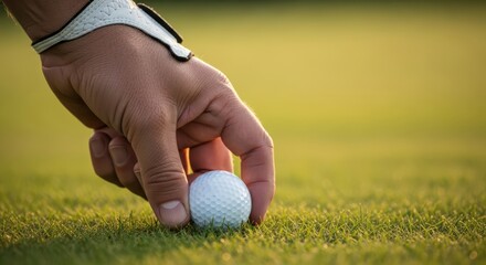 Golfer's hand carefully placing white golf ball on green grass close-up shot for accurate play