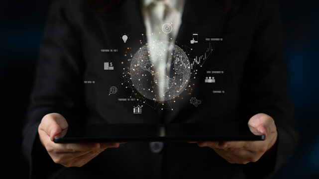 Global business network connecting digital economy and data exchange. Global business expands market, business shares data, global drives finance, and global business supports insight. Latch - Powered by Adobe