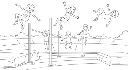 High Jump Illustration Kids' Athletic Fun in Black and White