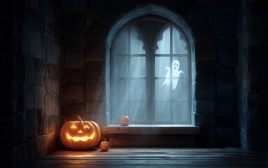 A pumpkin with a smiley face on it sits on a table