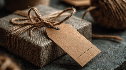 Blank jewelry tag mockup. Kraft paper material. Rustic twine attachment. Artisanal packaging template