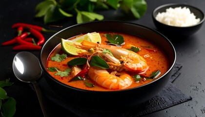 Appetizing tom yum soup, rich orange hue, features shrimp, lime, chilies, and herbs, served in a black bowl on a slate coaster, with rice on a dark background