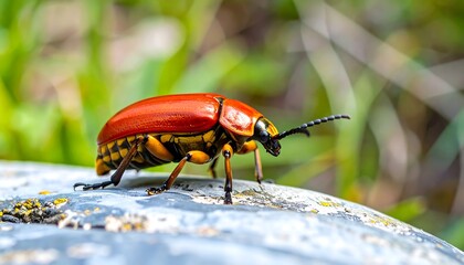 Close-up of a vibrant red and yellow beetle