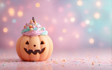 A pumpkin with a white frosting and a pink frosting on top