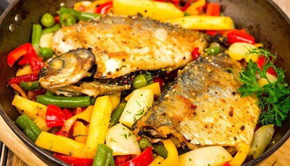 Pan-fried fish with colorful vegetables