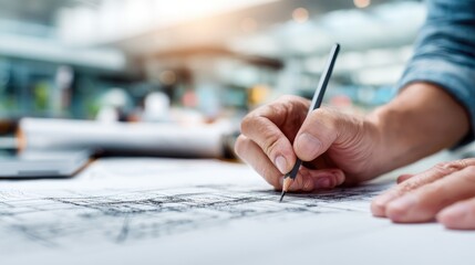 Creative architect working on detailed building plans in a modern office during daylight hours
