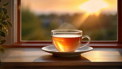 Obraz premium A Serene Cup Of Tea Sits Elegantly On A Saucer Resting On A Window Sill Inviting A Moment Of Tranquility And Reflection In A Cozy Setting