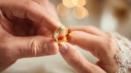 Couple exchanges wedding rings during intimate ceremony in warm, cozy setting