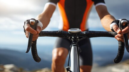 Cyclist navigating mountain terrain during early morning with dramatic clouds in the background