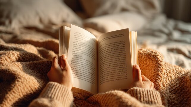 Reading a book while cozy in a warm blanket on a peaceful afternoon in a quiet bedroom