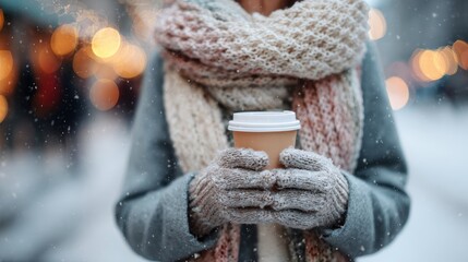 Winter afternoon in the city with a person holding a warm beverage while snow falls gently in a festive atmosphere