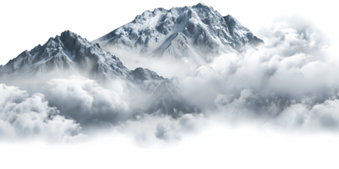 Snow covered mountain peaks shrouded in mist isolated on a transparent background