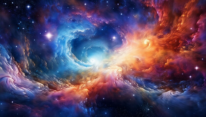 Fototapeta premium A Vibrant Cosmic Scene With Swirling Clouds Of Color And Light Resembling A Nebula The Nebula Is Filled With Stars And Other Celestial Objects Creating A Sense Of Depth