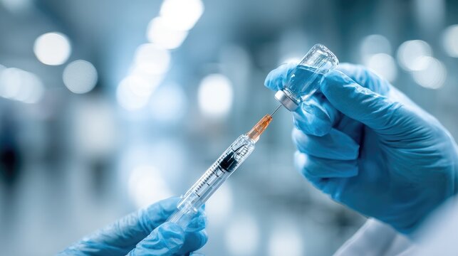 Medical professional preparing a syringe with vaccine from vial in a clinical setting during daytime