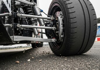 Close up of a race car wheel and suspension system. Vehicle performance concept for automotive engineering and motorsport.