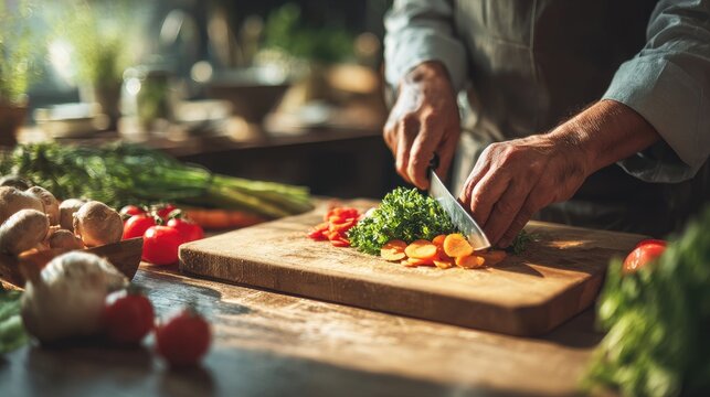 Cooking with fresh ingredients in a cozy kitchen during morning hours while chopping vegetables for a healthy meal preparation