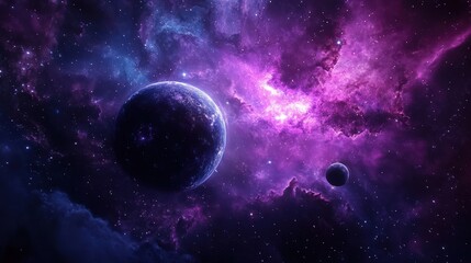 Obraz premium A breathtaking cosmic scene of space with vibrant purple and blue colors and planets floating among the stars.
