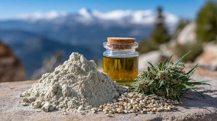 Close-up of hemp flour mound beside shiny hemp seeds, small glass jar of hemp oil glowing under sunlight, organic food and nutrition concept
