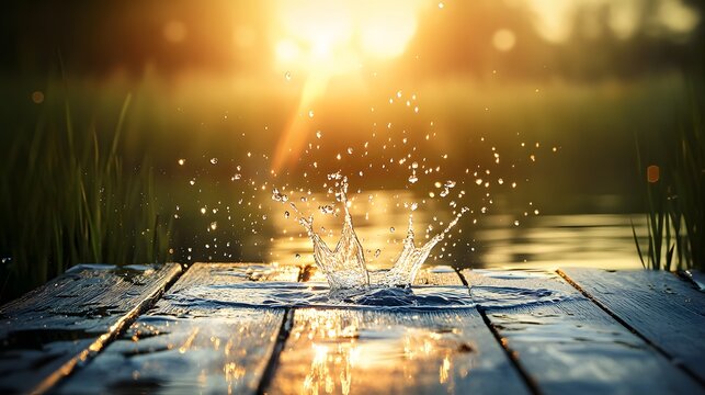 Sunlit water splash on wooden pier with reeds and reflections in golden hour Wooden planks - Powered by Adobe