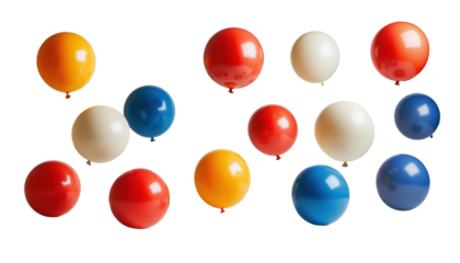 Assorted balloons in primary colors floating against white background creating festive mood and a sense of celebration