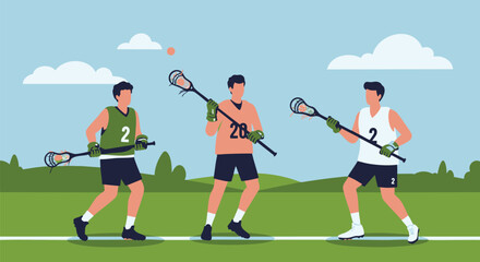 Lacrosse Players Practicing on a Green Field, Illustration