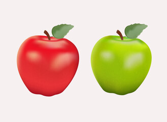 Set of red and green apples 3D render vector illustration. Fresh ripe apple, different apple, colored fruit
