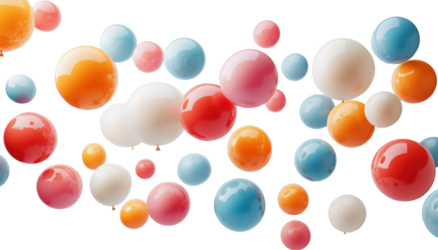 Assorted balloons in primary colors floating against white background creating festive mood and a sense of celebration