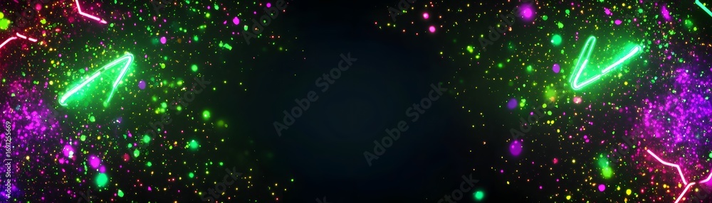 Poster vibrant neon shapes and colorful particles on a dark background create a dynamic and energetic desig