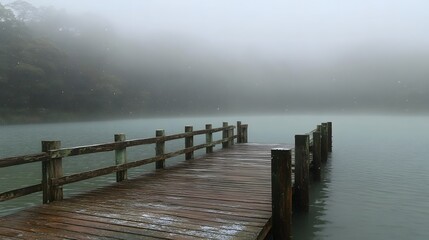 Fototapeta premium Wooden pier on a tranquil lake shrouded in mist with falling snow visible Fog Winter