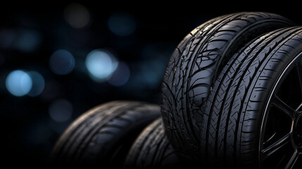 Automotive product-style shot of multiple tires close-up, tread grooves crisp and defined, glossy black background enhancing modern industrial look