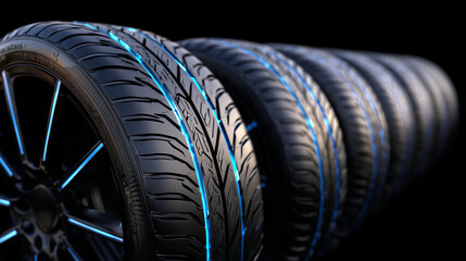 Row of new car tires with symmetrical tread textures, soft light casting subtle highlights on rubber surface, isolated on black background