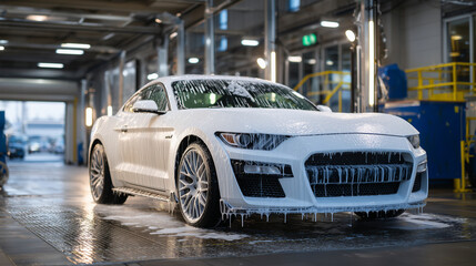 Obraz premium White car in detailing wash bay, thick foam completely covering roof and hood, water dripping off edges, illuminated by bright clean workshop lighting