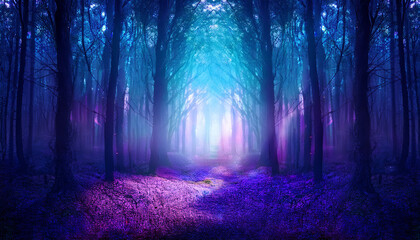 A Mystical Enchanted Forest Bathed In Glowing Blue And Purple Light