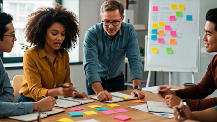 A diverse group of individuals collaborates around a wooden table with sticky notes notebooks and pens for a brainstorming session A whiteboard with notes stands in the background - Powered by Adobe
