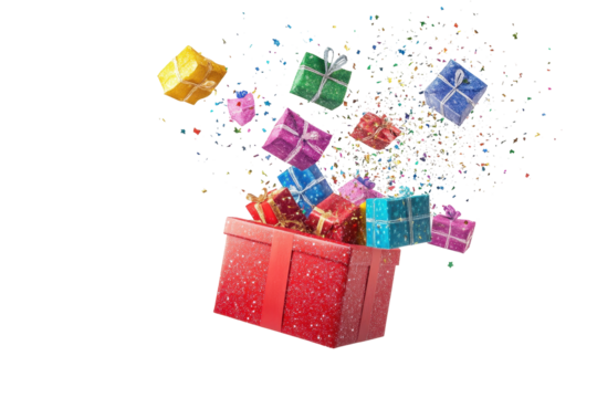 Red gift box opened with many small colorful wrapped gifts and confetti floating on a white background